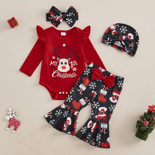 Baby Girls 4Pcs My First 1st Christmas Outfit Reindeer Print Long Sleeve Romper and Elastic Flared Pants Headband Hat Set