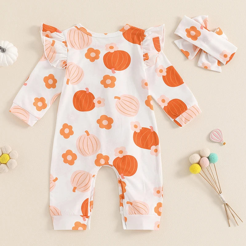 Baby Girls 2Pcs Fall Outfit Long Sleeve Pumpkin Flower Print Jumpsuit with Headband Halloween Clothes Romper Set