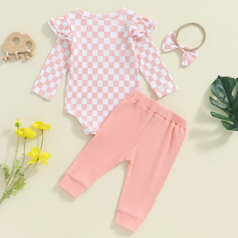 Baby Girls 3Pcs Fall Outfit Checkered Print Long Sleeve Romper Solid Color Long Pants Headband Set