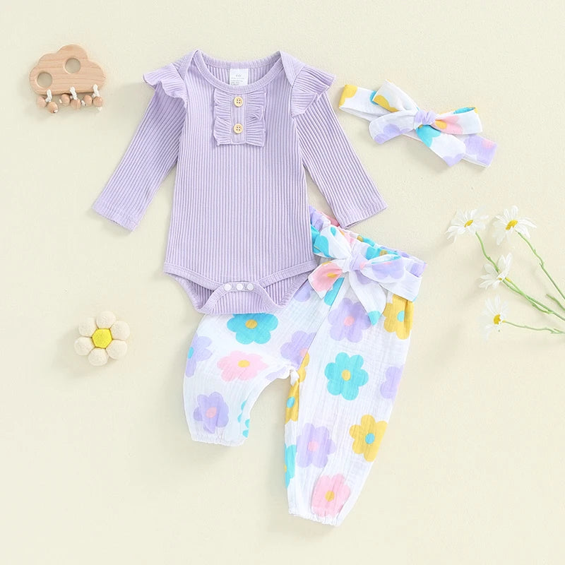 Baby Girls 3Pcs Fall Outfit Long Sleeve Ribbed Romper + Floral Flower Print Pants + Headband Set