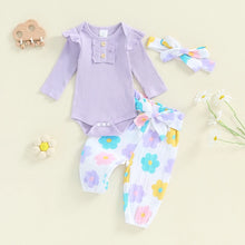 Load image into Gallery viewer, Baby Girls 3Pcs Fall Outfit Long Sleeve Ribbed Romper + Floral Flower Print Pants + Headband Set
