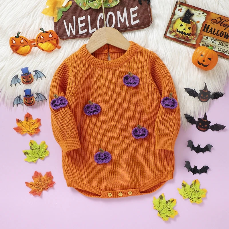 Baby Boys Girls Halloween Knit Romper Pumpkin Embroidery Round Neck Long Sleeve Sweater Jumpsuit