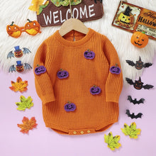 Load image into Gallery viewer, Baby Boys Girls Halloween Knit Romper Pumpkin Embroidery Round Neck Long Sleeve Sweater Jumpsuit
