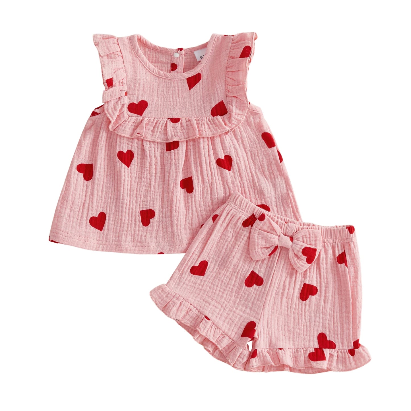 Baby toddler Girls 2Pcs Valentine's Day Outfit Love Heart Print Ruffled Trim Crew Neck Sleeveless Top and Bow Shorts Set