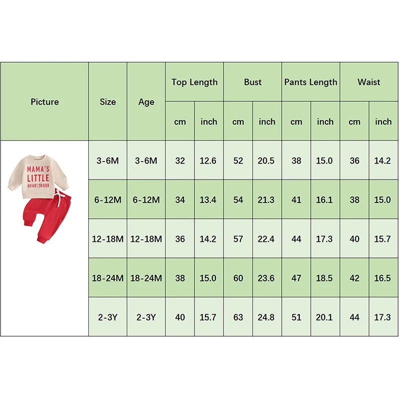 Baby Toddler Boy Girl 2Pcs Valentine's Day Outfits Long Sleeve Crewneck Mama's Little Heart Throb Letter Print Top Jogger Pants Clothes Set