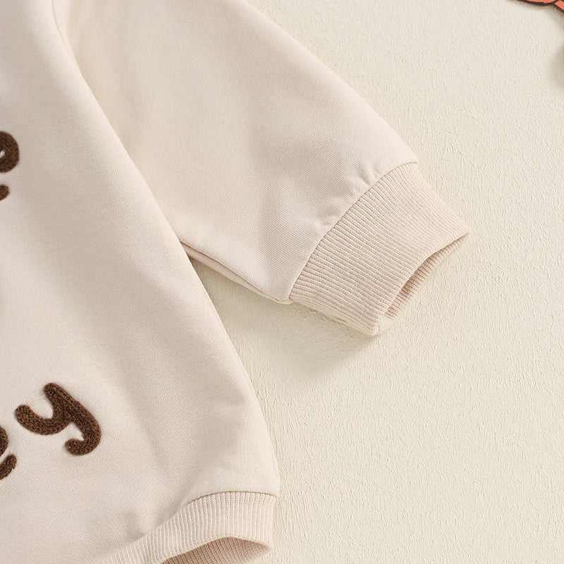 Baby Boys Girls Little Turkey Thanksgiving Romper Letter Print Turkey Embroidery Long Sleeves Round Neck Bubble Jumpsuit