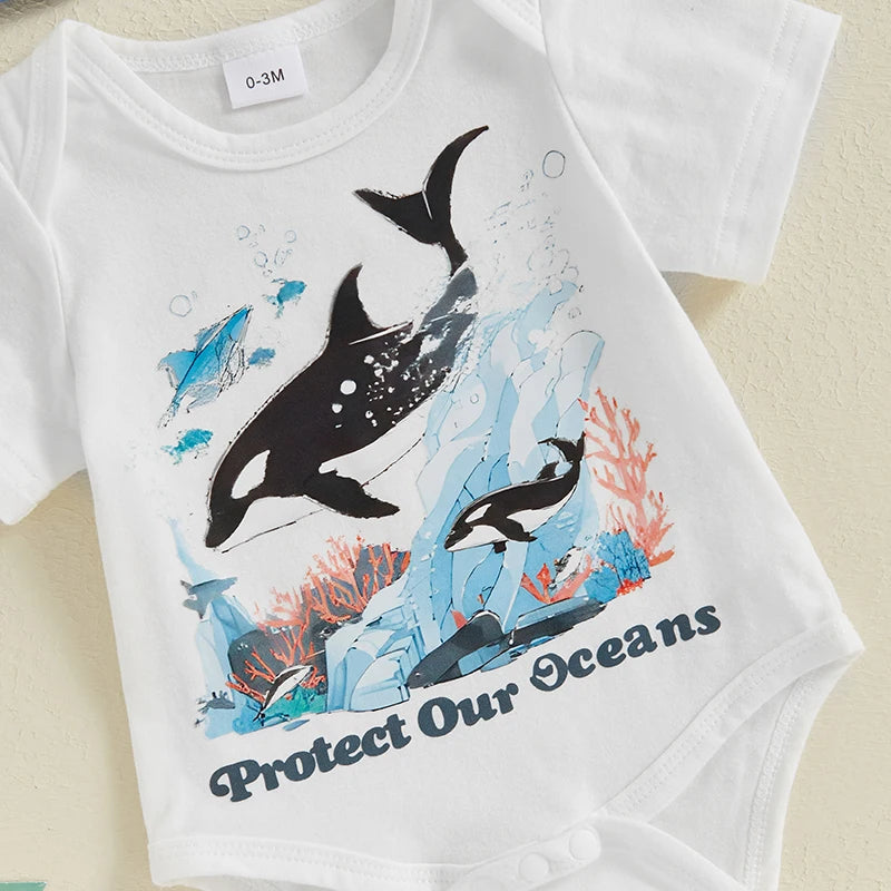 Baby Boy 3Pcs Protect Our Oceans Outfit Letter Sea Animal Dolphin Whale Print Short Sleeve Romper and Elastic Pants Beanies Hat Set