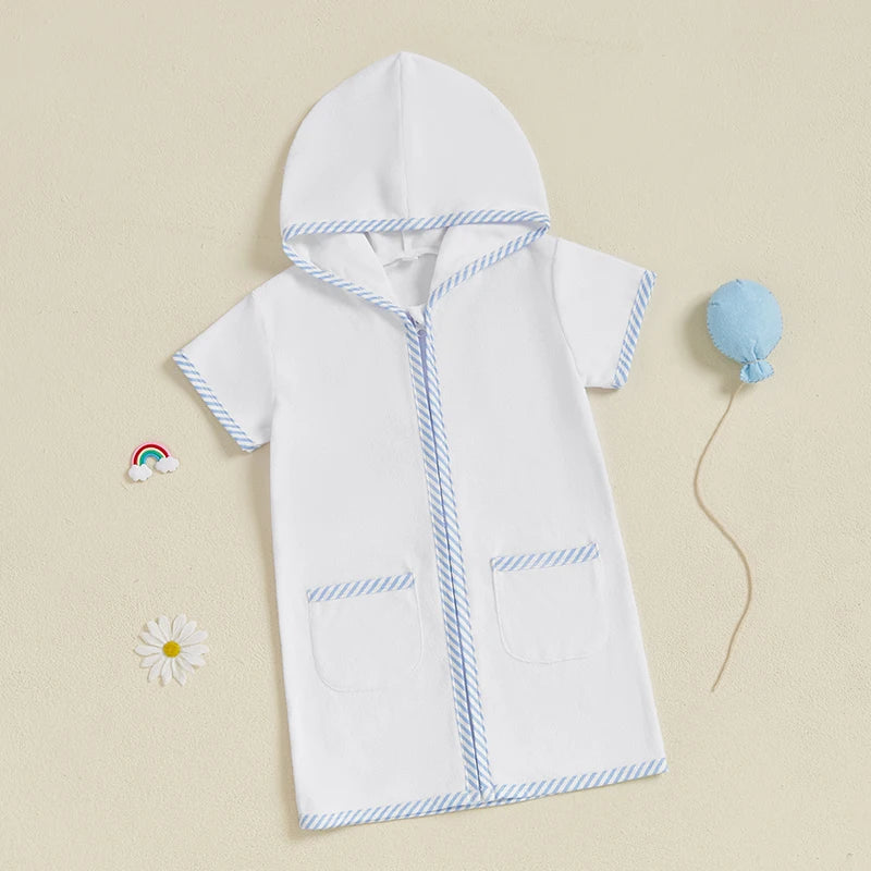 Toddler Kids Boys Girls Cover up Swimwear Striped Patchwork Short Sleeve Zipper Hoodie Beach Shirt Towel