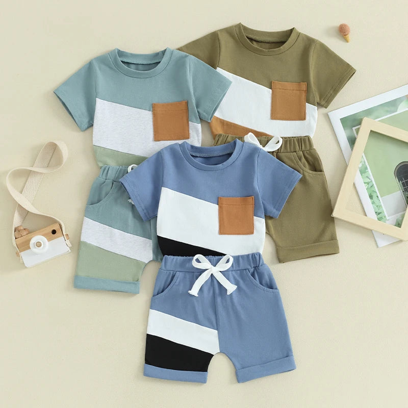 Baby Toddler Boys 2Pcs Shorts Set Contrast Color Short Sleeve Top Pocket with Elastic Waist Shorts Set Summer Spring Outfit