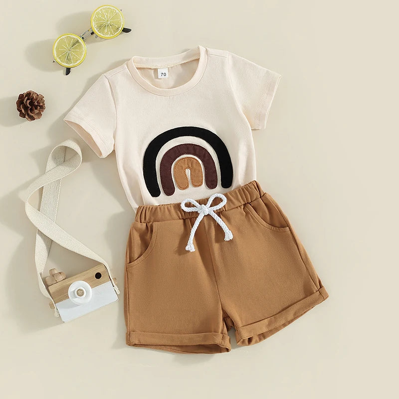 Toddler Baby Boy Girl 2Pcs Summer Outfit Rainbow Embroidery Short Sleeve Top with Solid Color Shorts Set