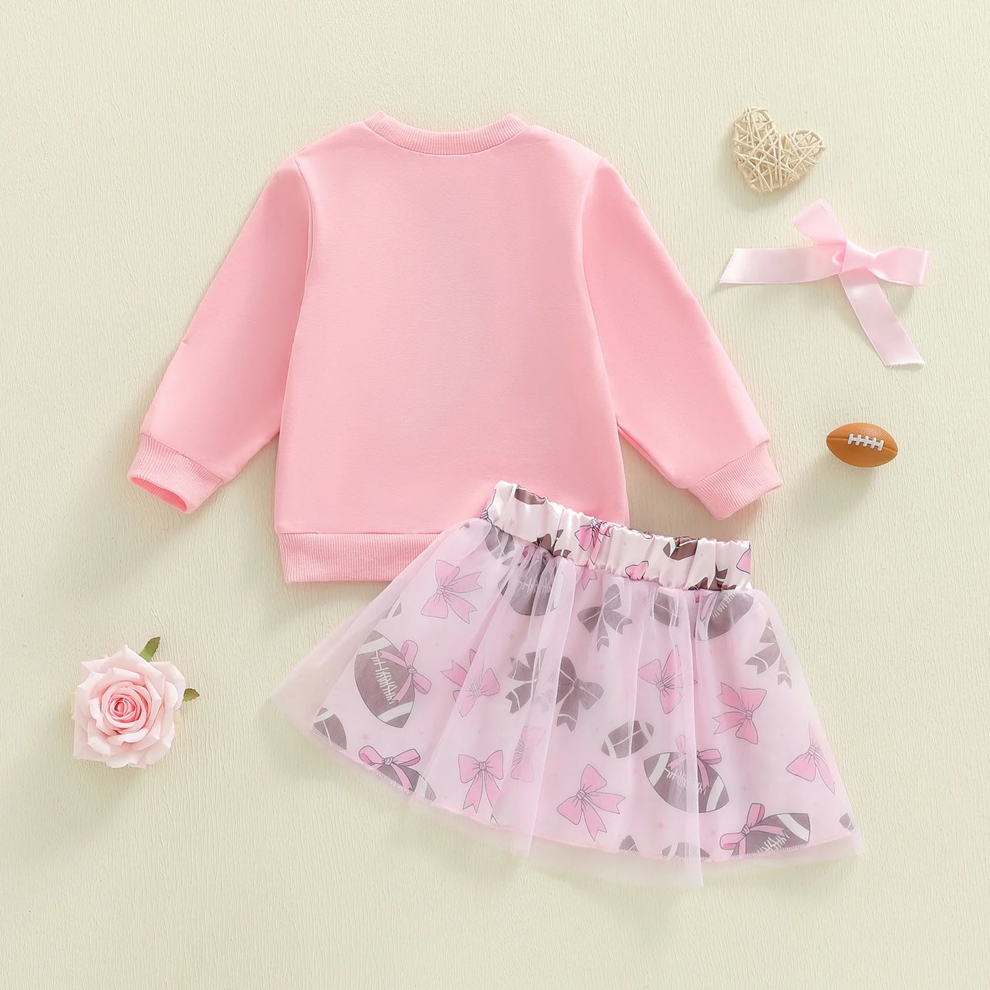 Baby Toddler Girl 2Pcs Fall Outfits Football Embroidery Long Sleeve Round Neck Top and Tutu Skirt 2Piece Set