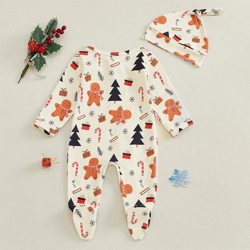 Girls Boys Christmas Jumpsuit Long Sleeve Christmas Tree Gingerbread Candy Cane Print Zipper Waffle Romper with Hat or Bow Headband