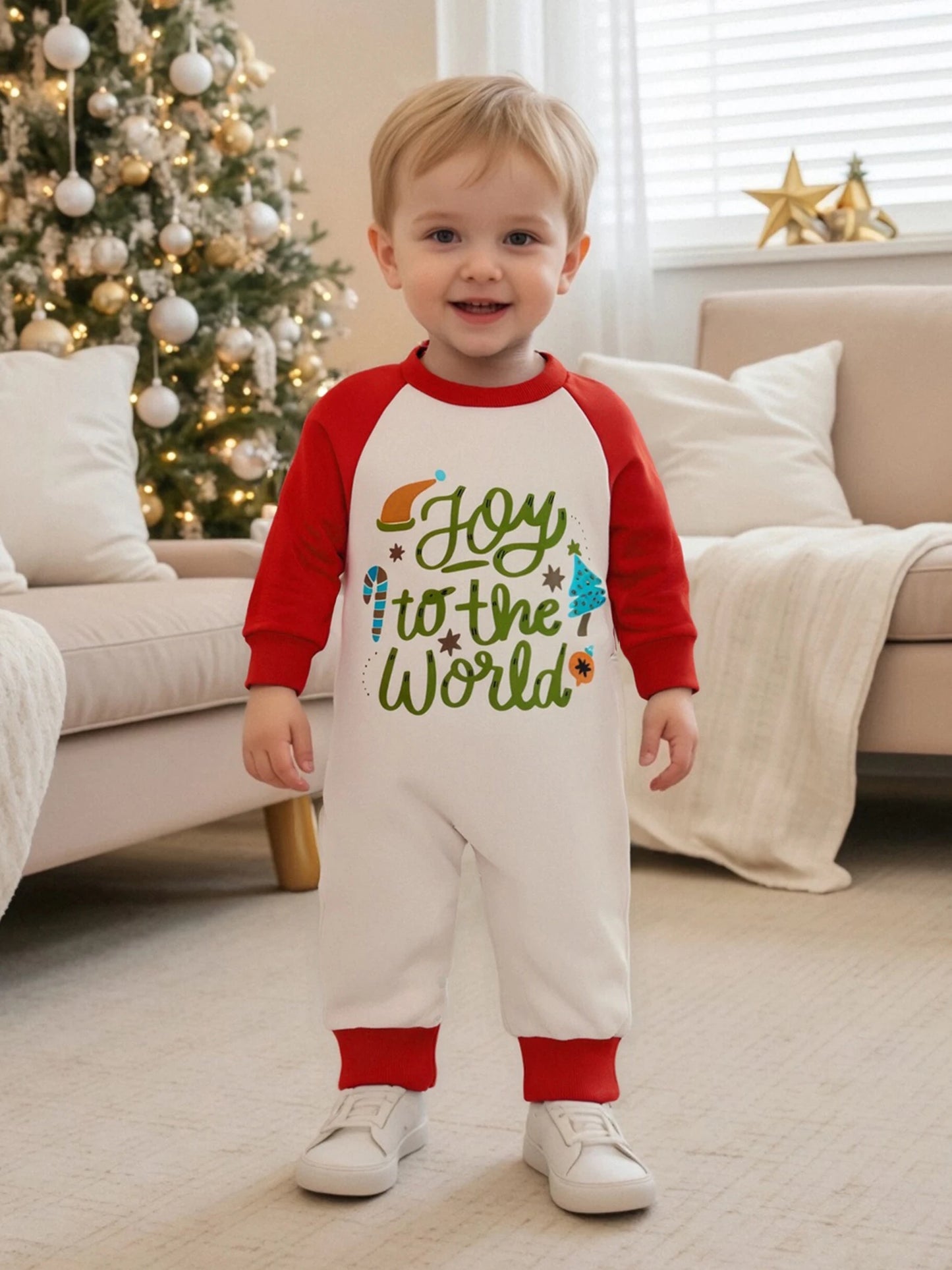 Baby Boys Girls Joy To The World Christmas Romper Letter Tree Long Raglan Sleeve Crewneck Jumpsuit Winter Clothes