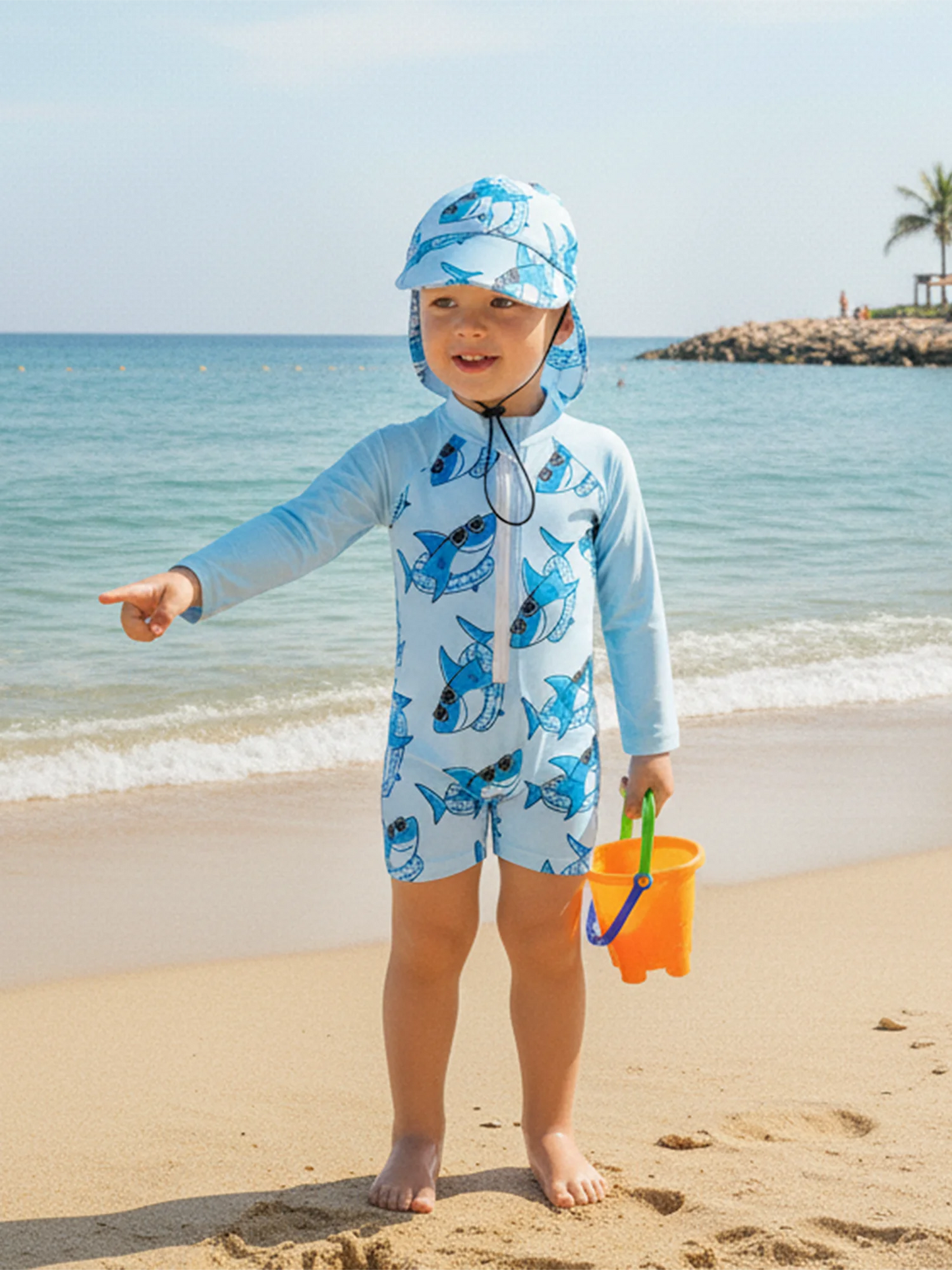 Baby Toddler Boys 2Pcs Rash Guard Swimsuit Shark Print Long Sleeve Zip Up Bathing Suit with Sun Cap Hat Set