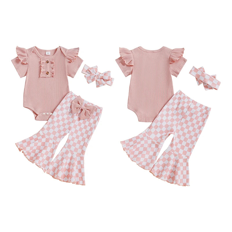 Baby Girls 3Pcs Summer Spring Clothes Solid Ribbed Short Sleeve Romper with Checkered Print Flare Long Pants and Headband Set