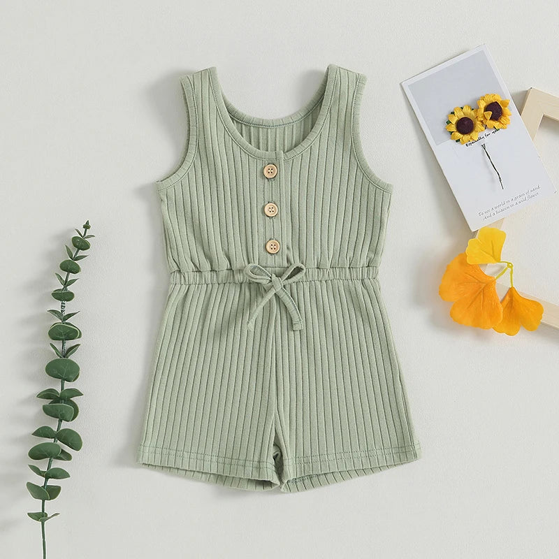 Baby Toddler Girls Ribbed Solid Color Tank Top Jumpsuit Button Down Romper