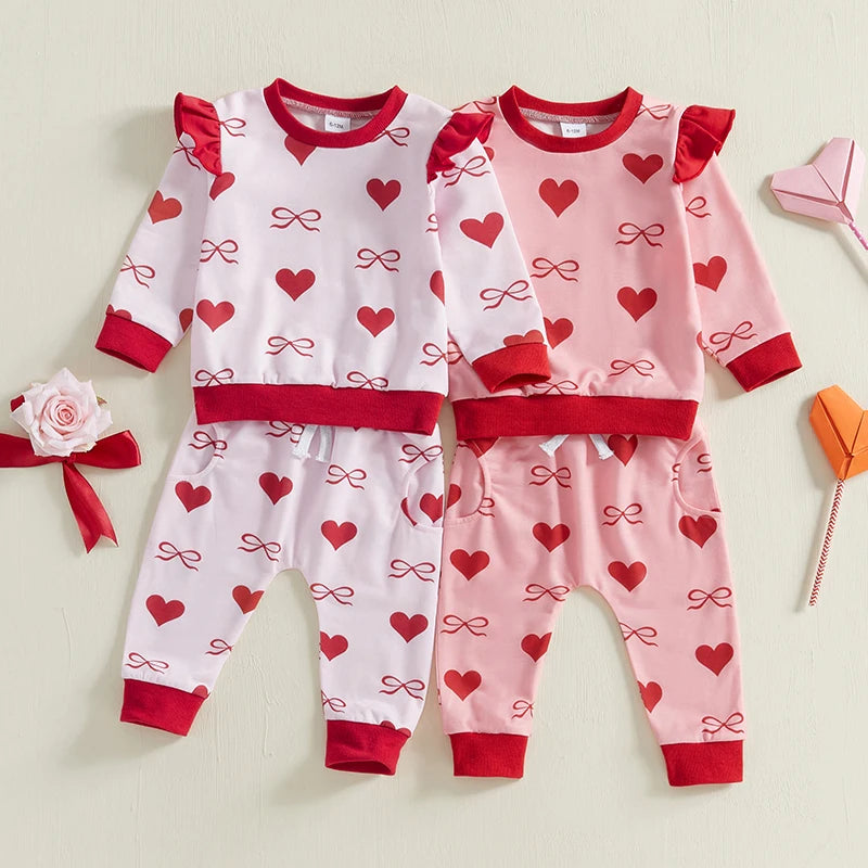 Baby Toddler Girls 2Pcs Valentine's Day Outfit Bow Heart Print Ruffle Long Sleeve Top and Elastic Jogger Pants Valentines Set