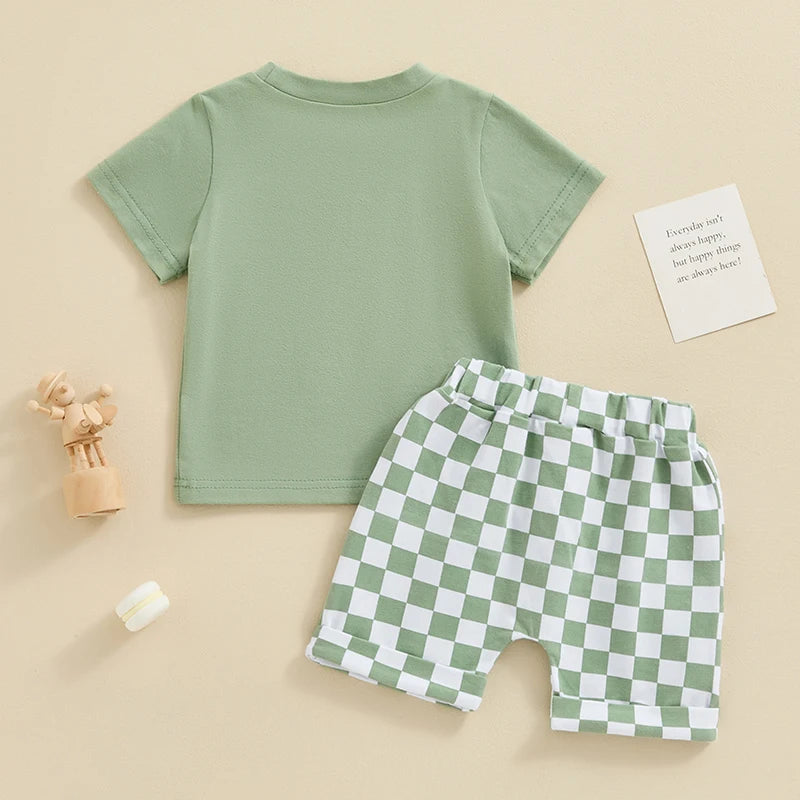 Toddler Baby Boys 2Pcs Mama's Boy Spring Summer Clothes Outfits Letters Print Top with Plaid Checker Shorts Clothing Set