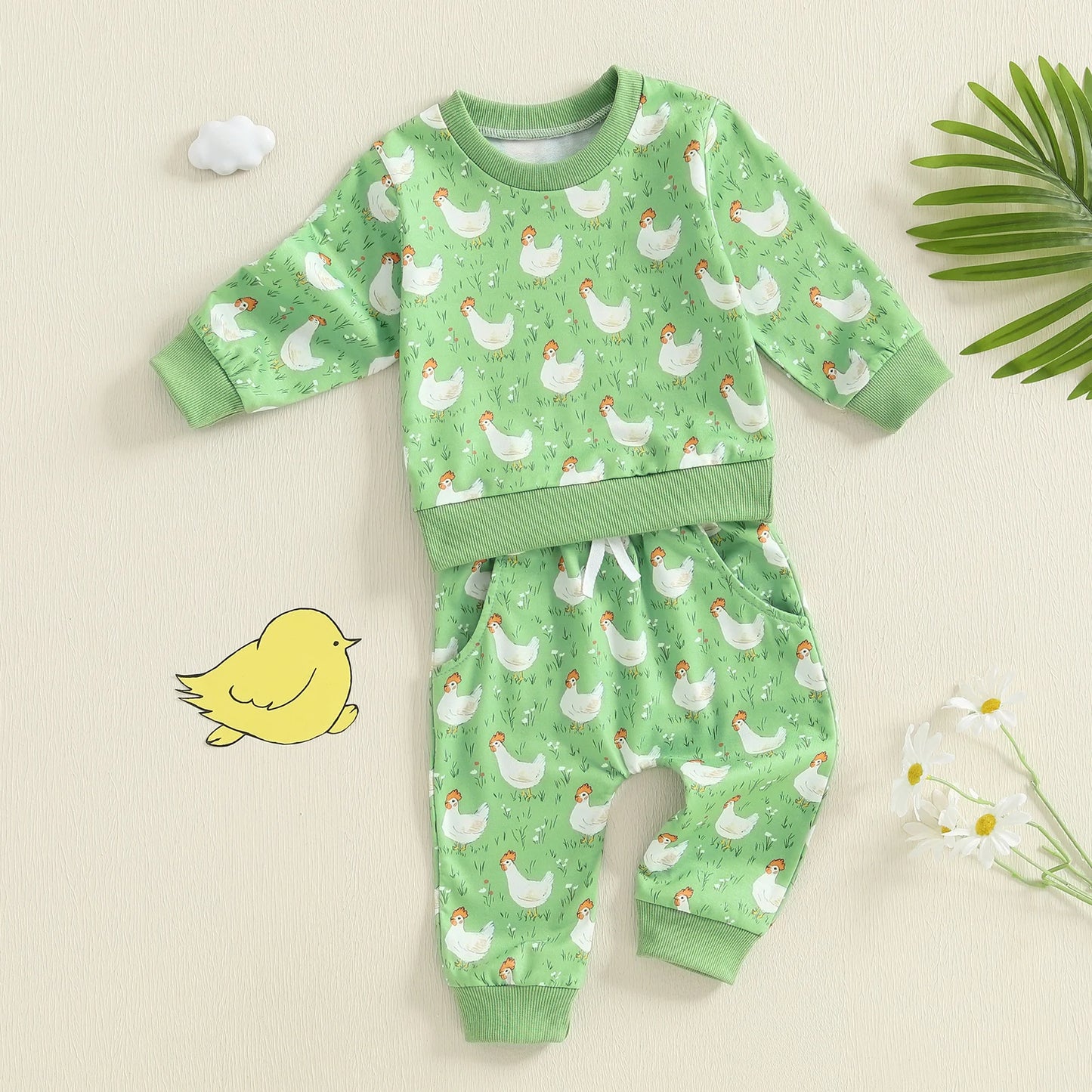 Baby Toddler Boys Girls 2Pcs Fall Outfit Long Sleeve Farm Chicken Print Top Jogger Pants Set