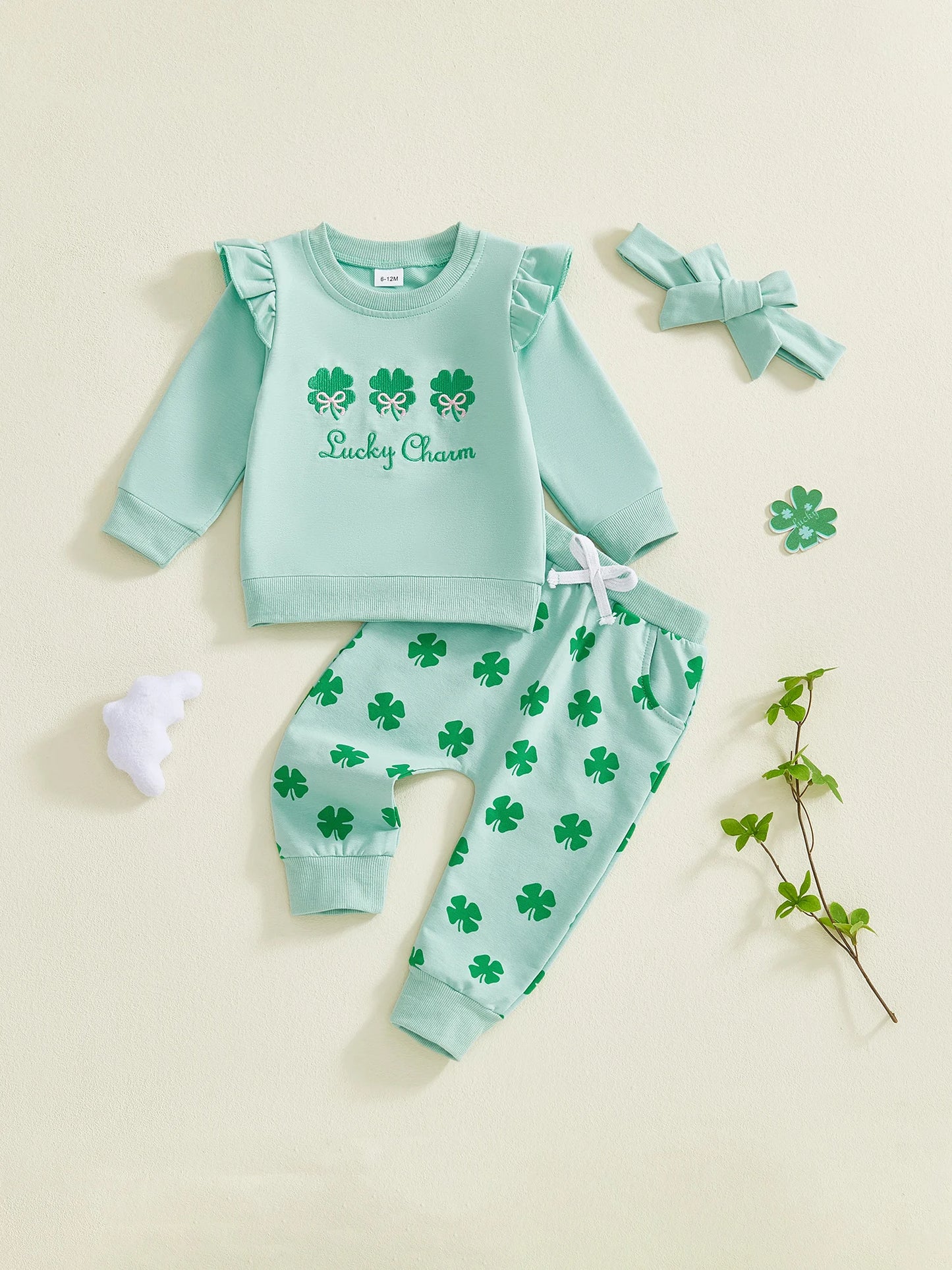 Baby Toddler Girls 3Pcs Lucky Charm Shamrock Print Long Sleeve Top with Pants Headband Clothing Set