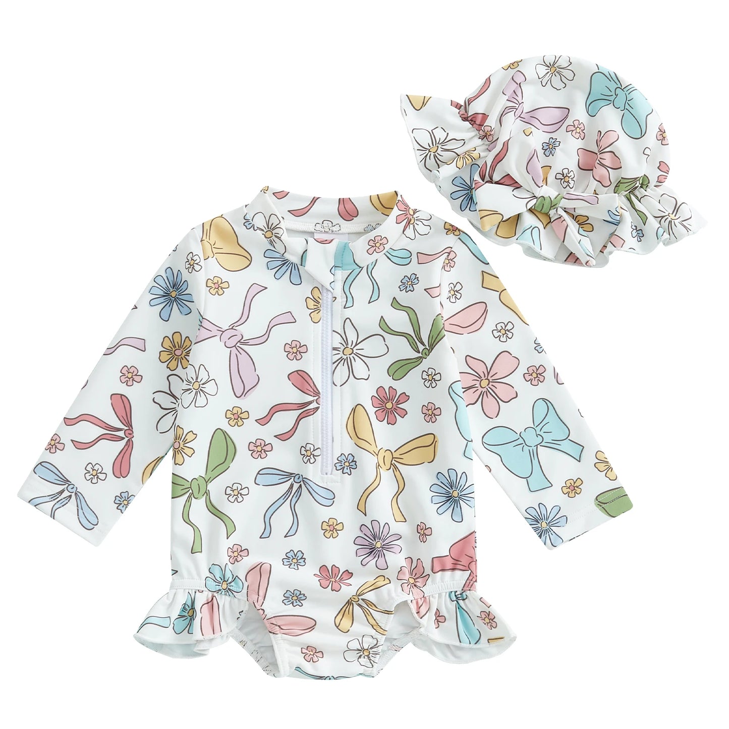 Baby Toddler Girls 2Pcs Swimsuit Long Sleeve Floral/Bow Print Ruffles Bathing Suit Swimwear with Swim Cap Set