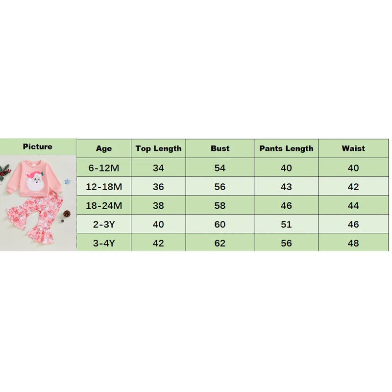 Baby Toddler Girl 2Pcs Christmas Outfit Santa Embroidery Long Sleeve Crewneck Top and Flare Pants Set