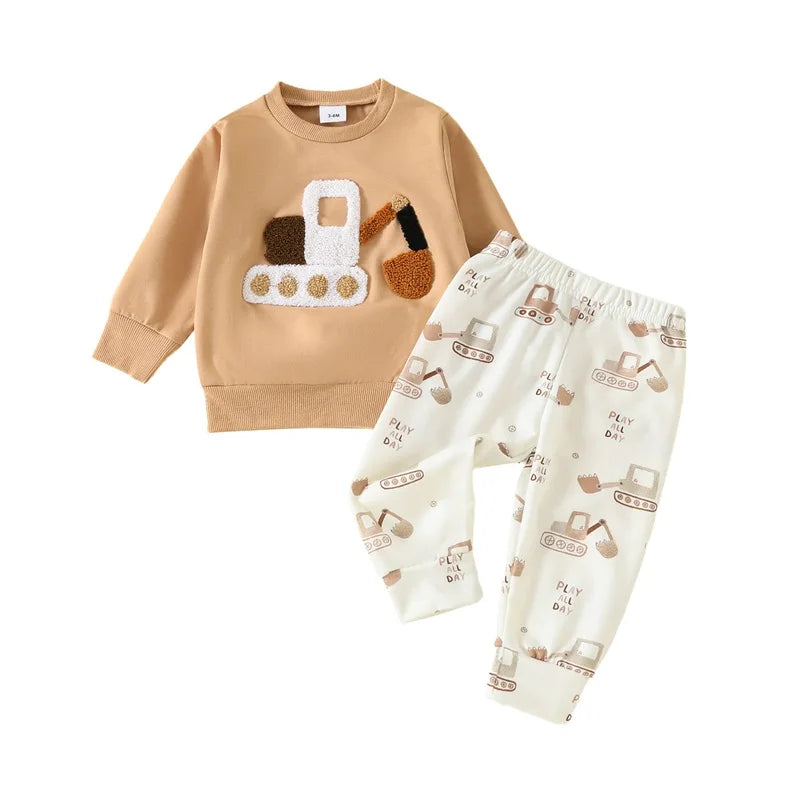 Baby Toddler Boys 2Pcs Outfit Car Tractor Embroidery Long Sleeve Pullover Crewneck Top Elastic Waist Pants Jogger Set