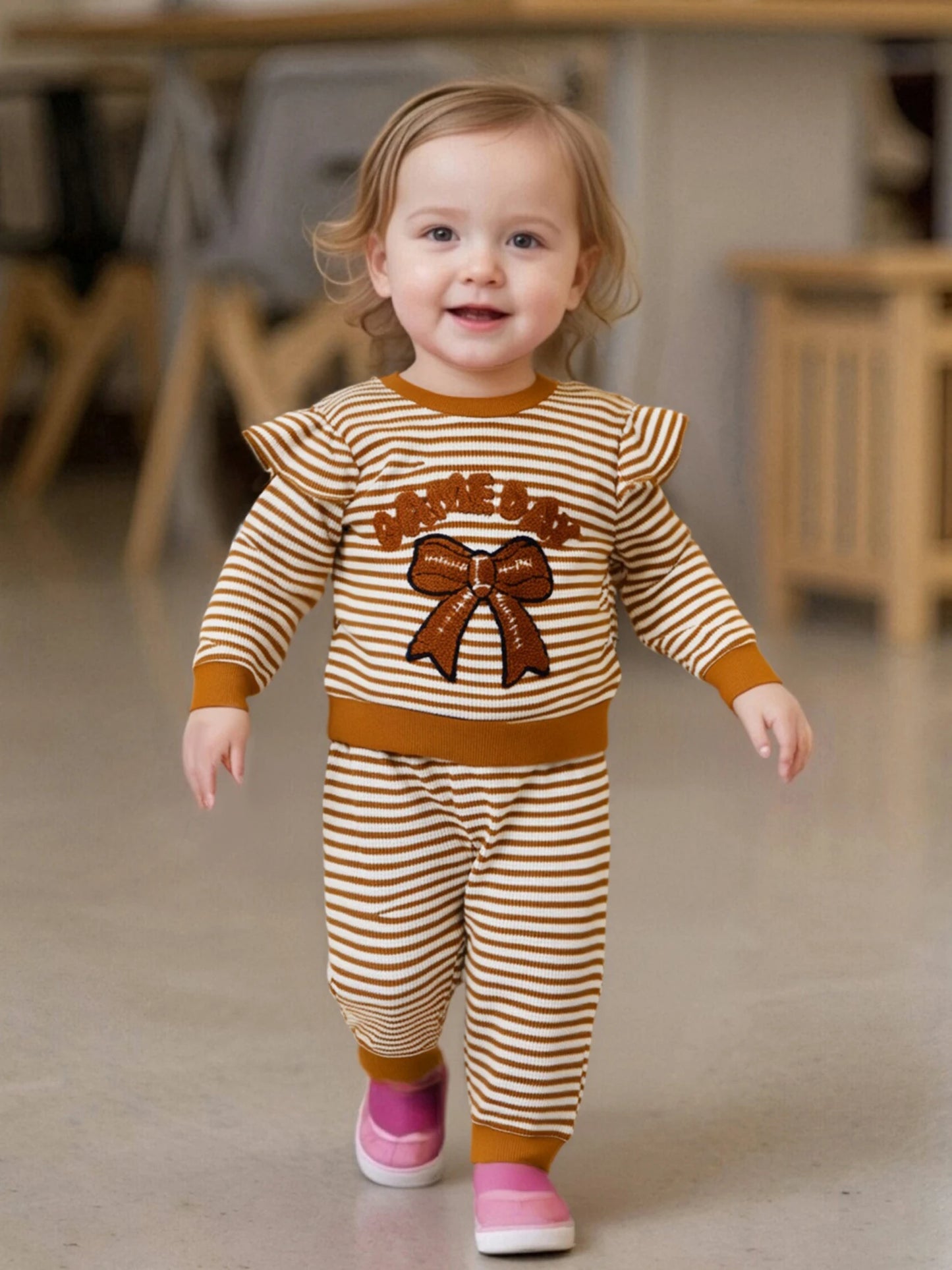 Baby Toddler Girls 2Pcs Game Day Fall Outfits Letter Bow Embroidered Striped Crew Neck Long Sleeve Top with Jogger Pants 2Pcs Set