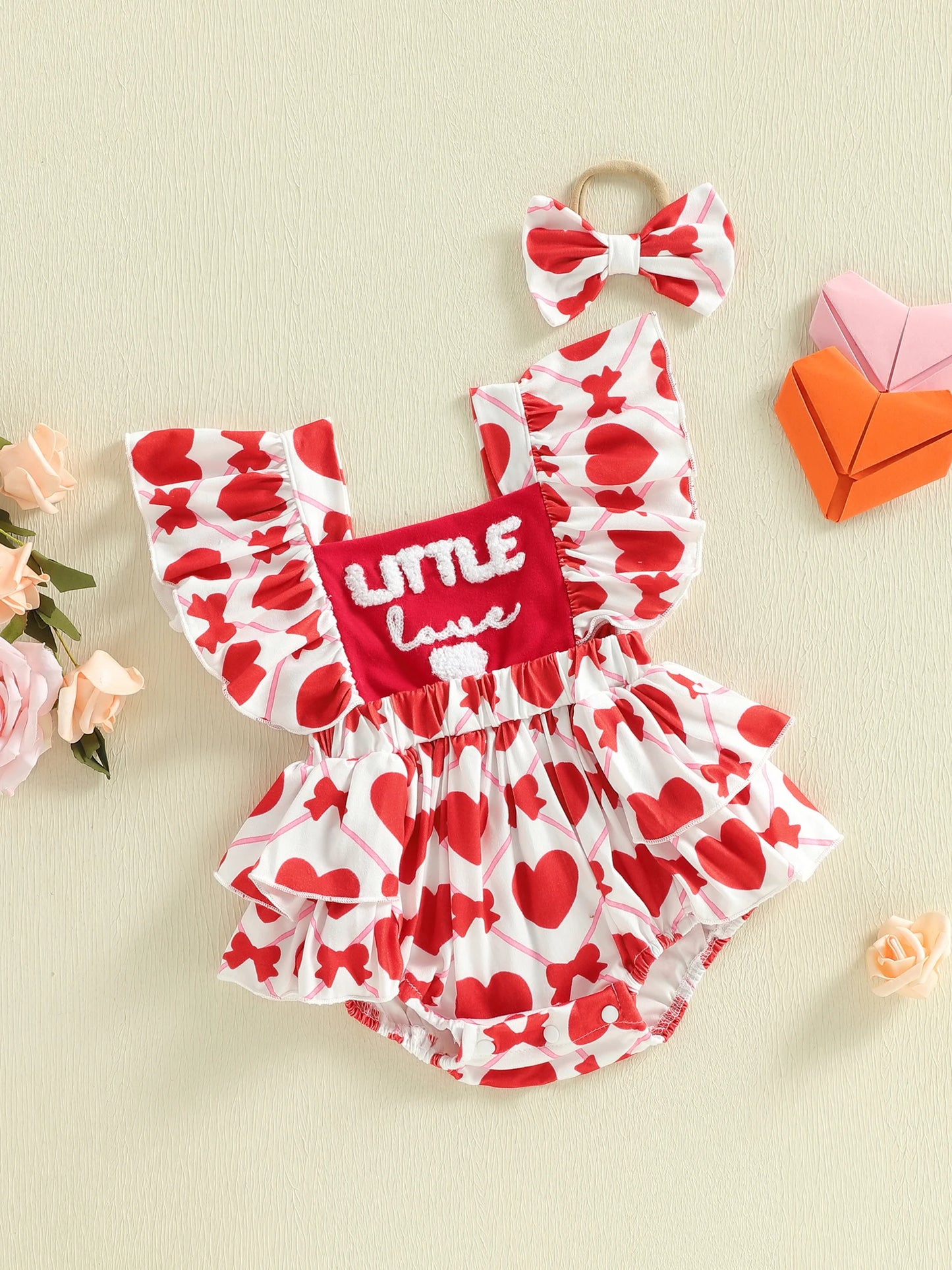 Baby Girls 2Pcs Little Love Valentine's Day Romper Flutter Sleeve Letter Embroidery Heart Print Jumpsuits with Bow Headband Set