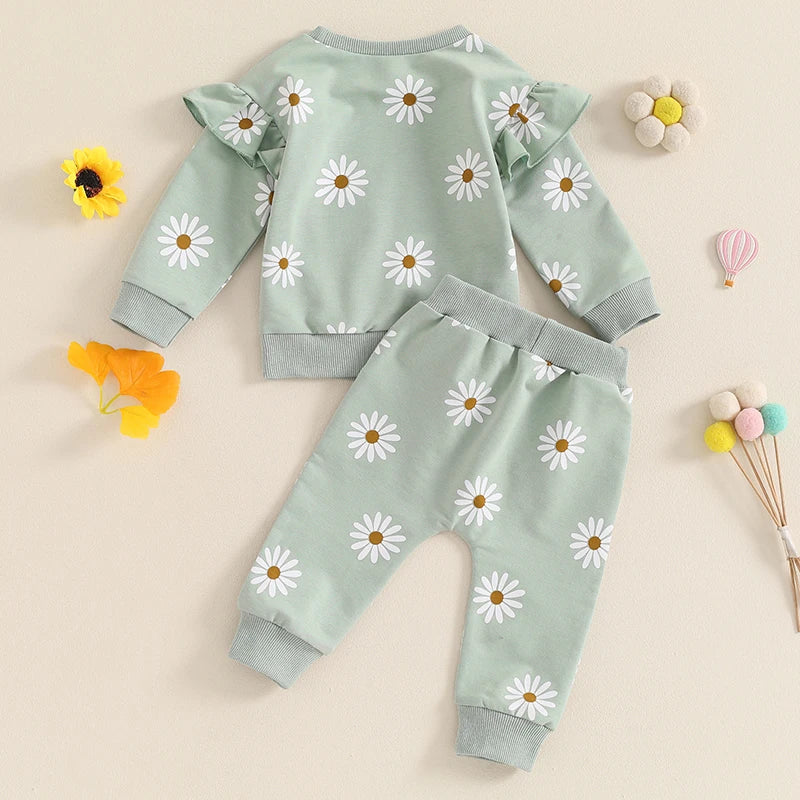 Baby Toddler Girls 2Pcs Fall Outfit Daisy Flower Print Long Sleeve Top with Elastic Waist Pants Set