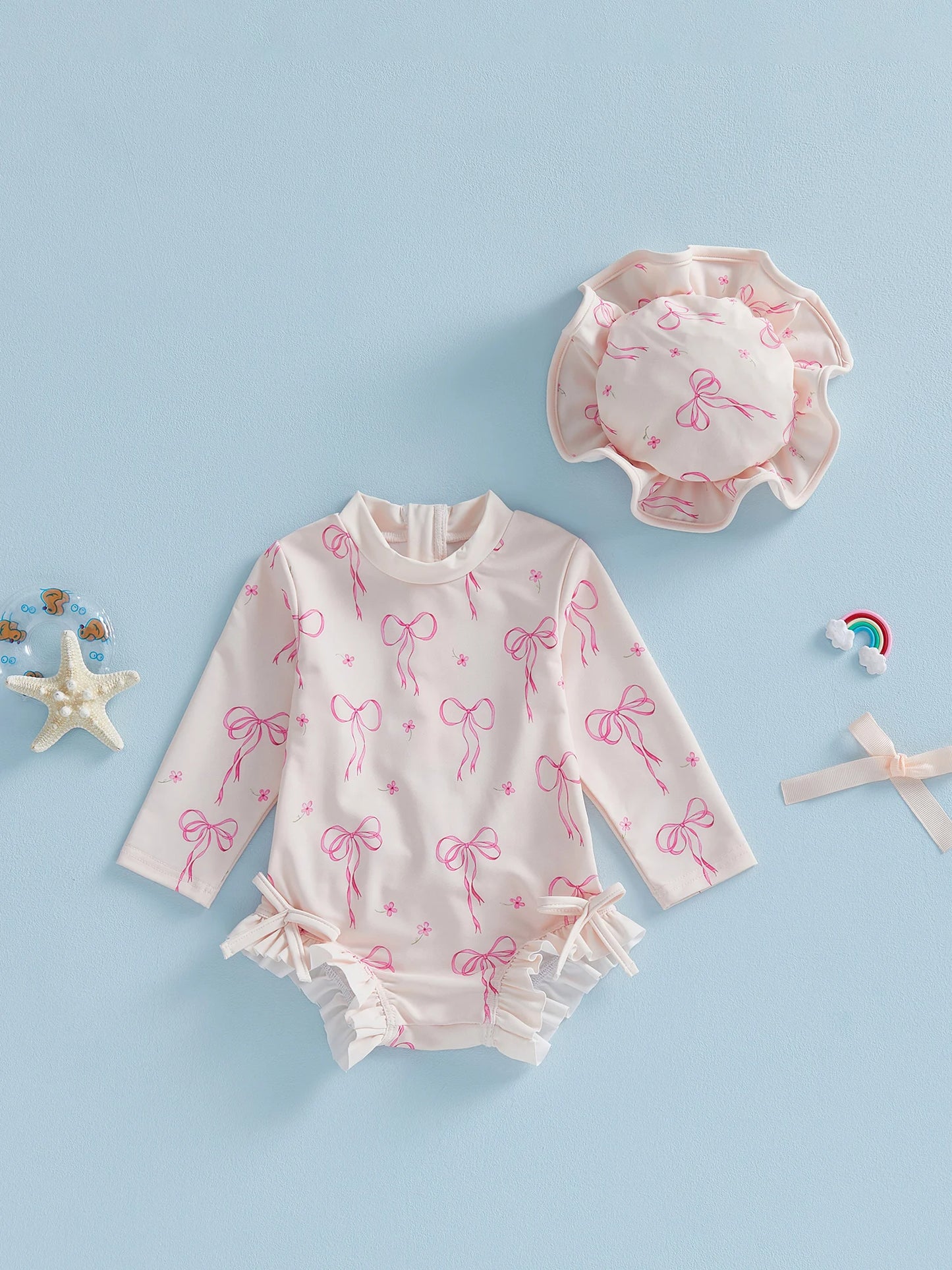 Baby Toddler Girls 2Pcs Rash Guard Swimsuit Set Girls Bow Print Long Sleeve Round Neck Ruffle Jumpsuit and Hat Set for Pool Beach