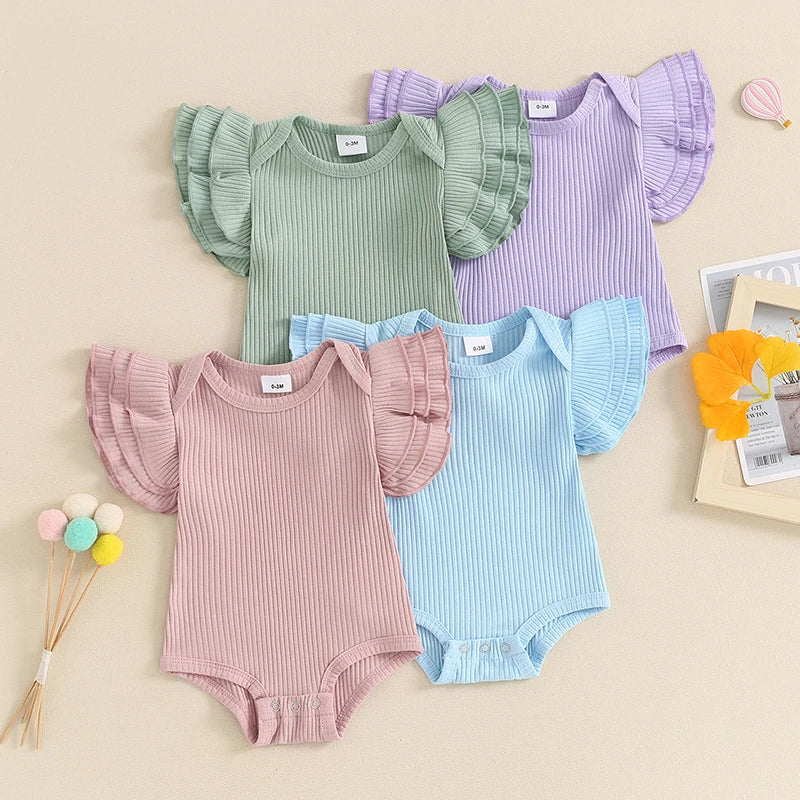 Baby Girl Summer Clothes Ribbed Plain Ruffle Sleeve Short Sleeve Bodysuit Rib Knit Romper