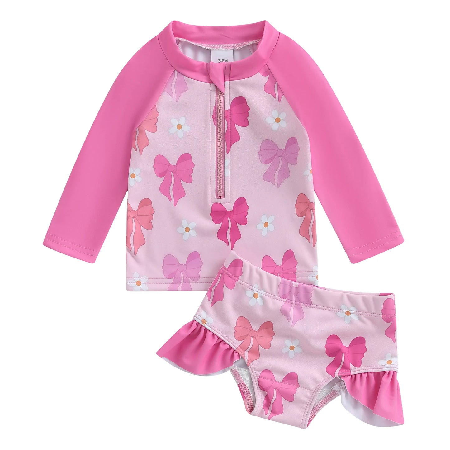 Baby Toddler Girls 2Pcs Summer Swimsuit Set Flower Bow Print Zip-up Rash Guard Long Sleeve Swim Top and Shorts Bathing Suit