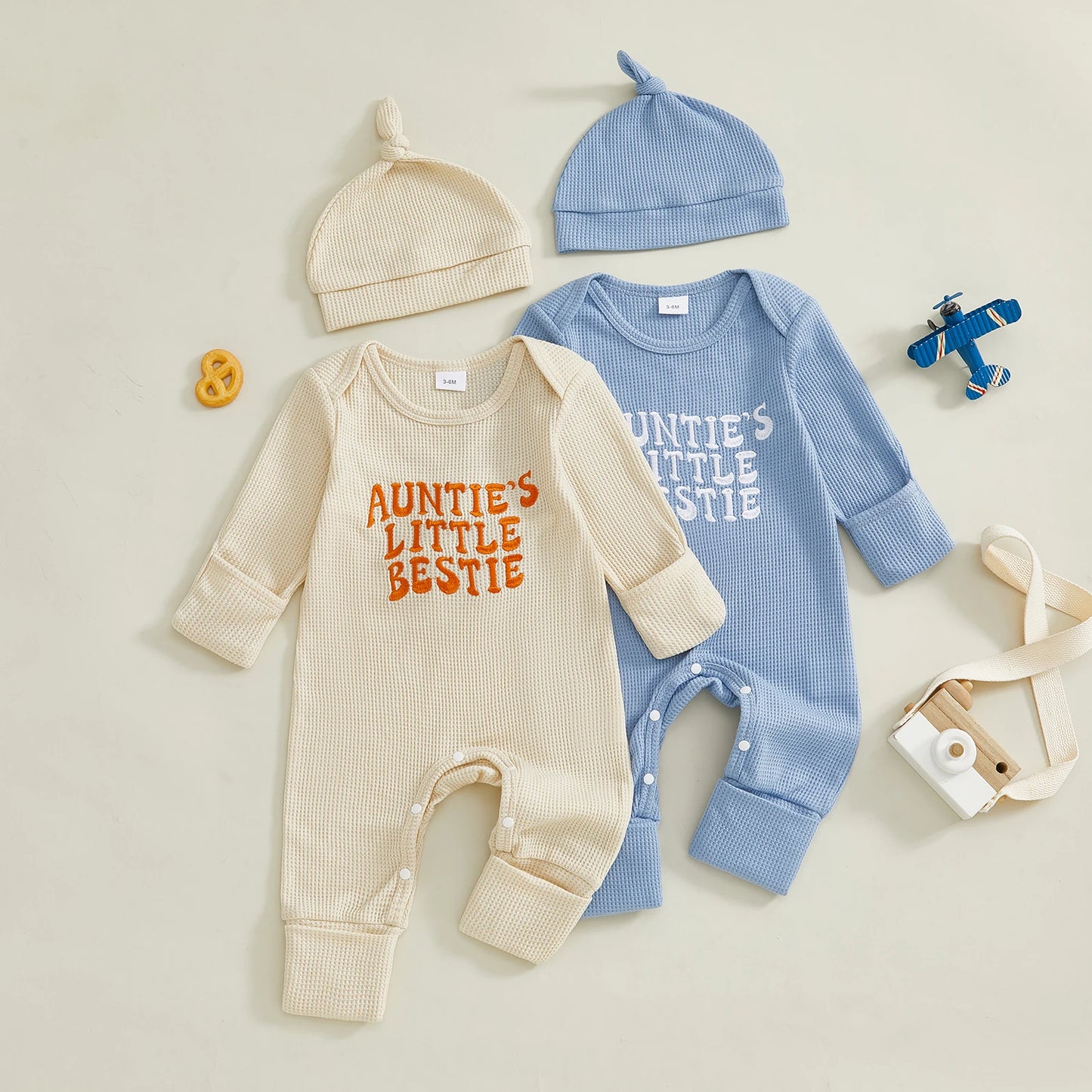 Baby Boys Girls 2Pcs Auntie's Little Bestie Fall Outfits Long Sleeve Letter Embroidery Jumpsuit with Hat Set Clothes