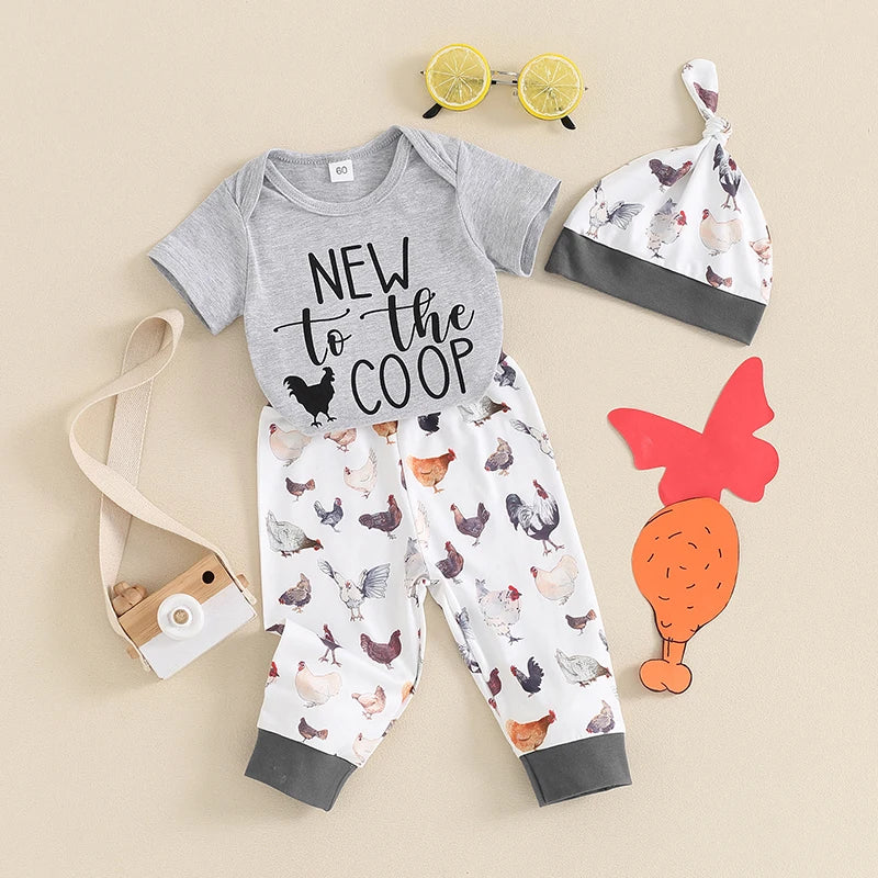 Baby Boys 3Pcs Outfit New To The Coop Letter Chicken Print Short Sleeve Romper Rooster Hen Print Long Pants Hat Clothes Set