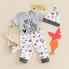 Load image into Gallery viewer, Baby Boys 3Pcs Outfit New To The Coop Letter Chicken Print Short Sleeve Romper Rooster Hen Print Long Pants Hat Clothes Set
