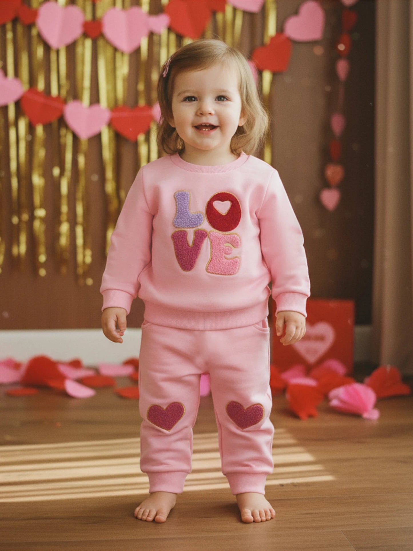 Baby Toddler Girls 2Pcs Valentine's Outfit LOVE Letter Embroidered Long Sleeve Top and Heart Embroidered Pants Jogger Set