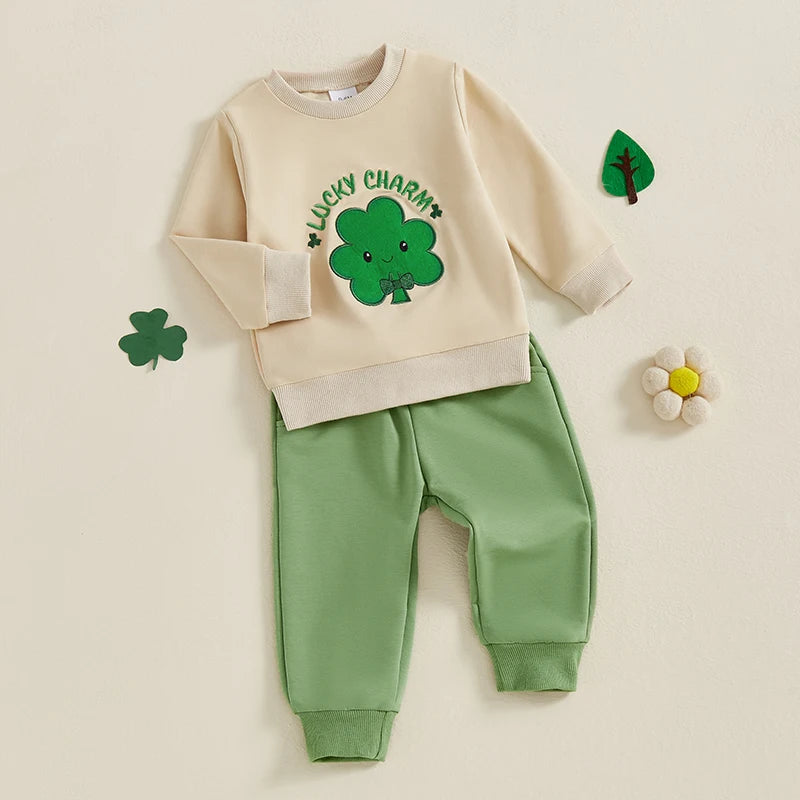 Baby Toddler Boys Girls 2Pcs Spring Outfit Lucky Charm Shamrock Letter Embroidery Long Sleeve Crew Neck Top with Drawstring Pants Jogger Set