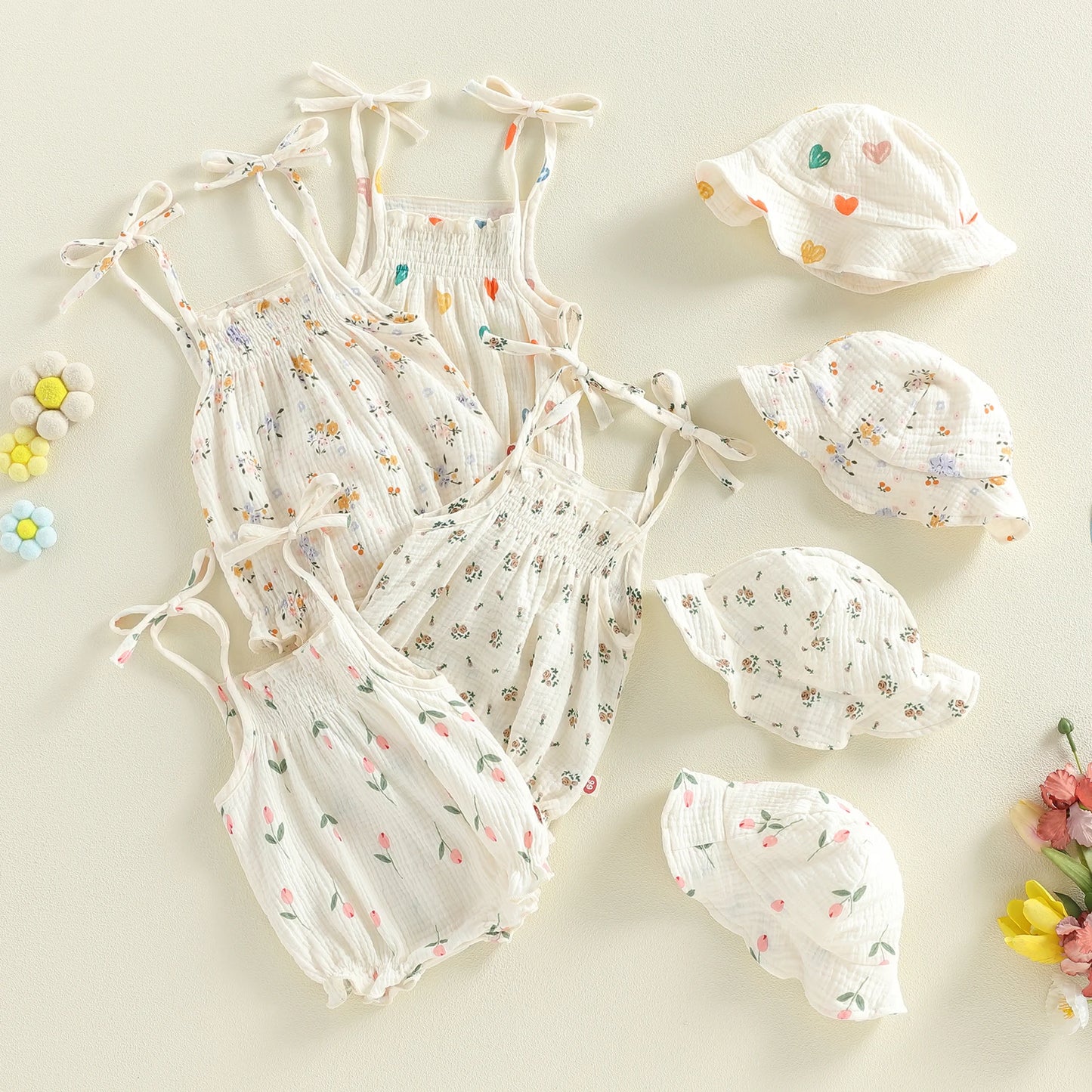 Baby Girls 2Pcs Summer Sweet Romper Infant Sleeveless Strappy Floral Overalls with Hat Set