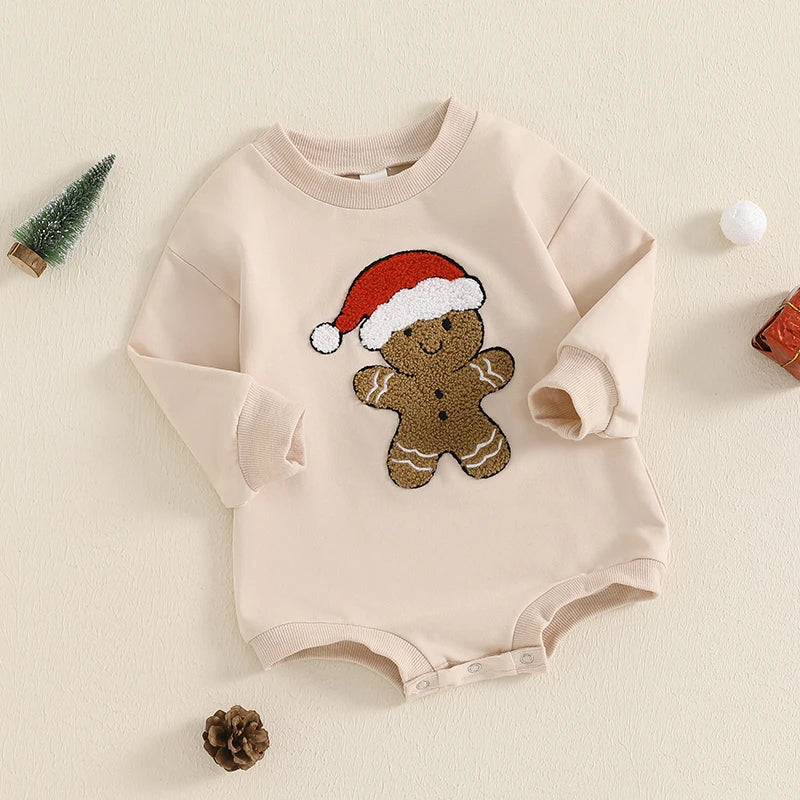 Baby Girls Boys Christmas Jumpsuit Long Sleeve Crewneck Gingerbread Man Santa Hat Embroidery Bubble Romper