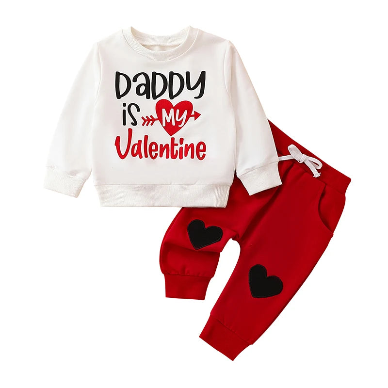 Baby Toddler Girl 2Pcs Valentine's Day Outfit Letter Daddy's Valentine Print Top Heart Knee Long Pant Clothes Set