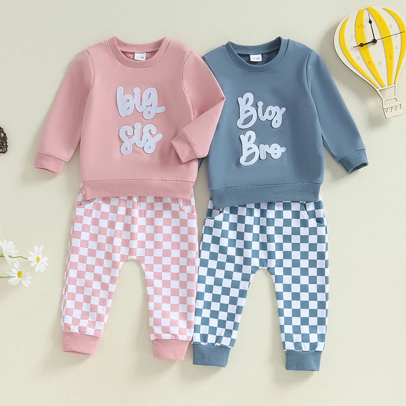 Baby Toddler Kids 2Pcs Big Sis / Bro Fall Outfit Long Sleeve Letter Embroidery Pullover + Checkered Pants Set