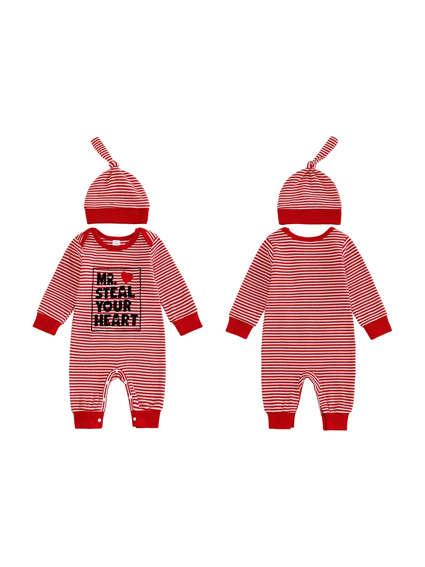 Baby Boys 2Pcs Valentine's Day Mr. Steal Your Heart / Mommy Is My Valentine Jumpsuit Set Long Sleeve Crew Neck Stripes Letters Romper with Hat Outfit