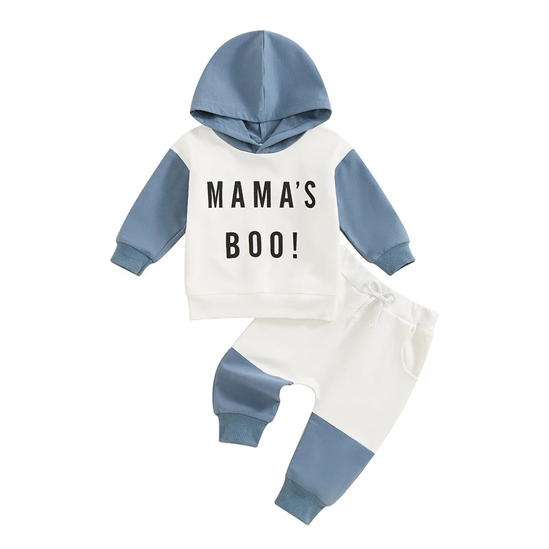 Baby Toddler Boys 2Pcs Mama's Boy Fall Outfit Letter Print Contrast Color Hooded Long Sleeve Top and Long Pants Set