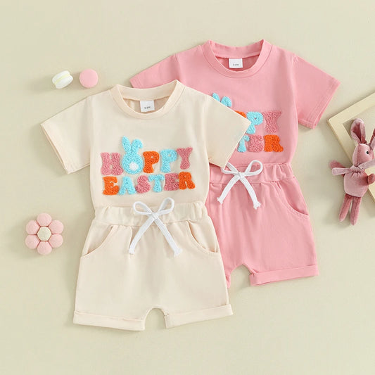 Toddler Baby Boy Girl 2Pcs Easter Outfit Short Sleeve Hoppy Easter T-Shirt Bunny Ears Print Top Set Elastic Waist Shorts