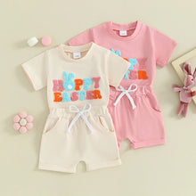 Load image into Gallery viewer, Toddler Baby Boy Girl 2Pcs Easter Outfit Short Sleeve Hoppy Easter T-Shirt Bunny Ears Print Top Set Elastic Waist Shorts
