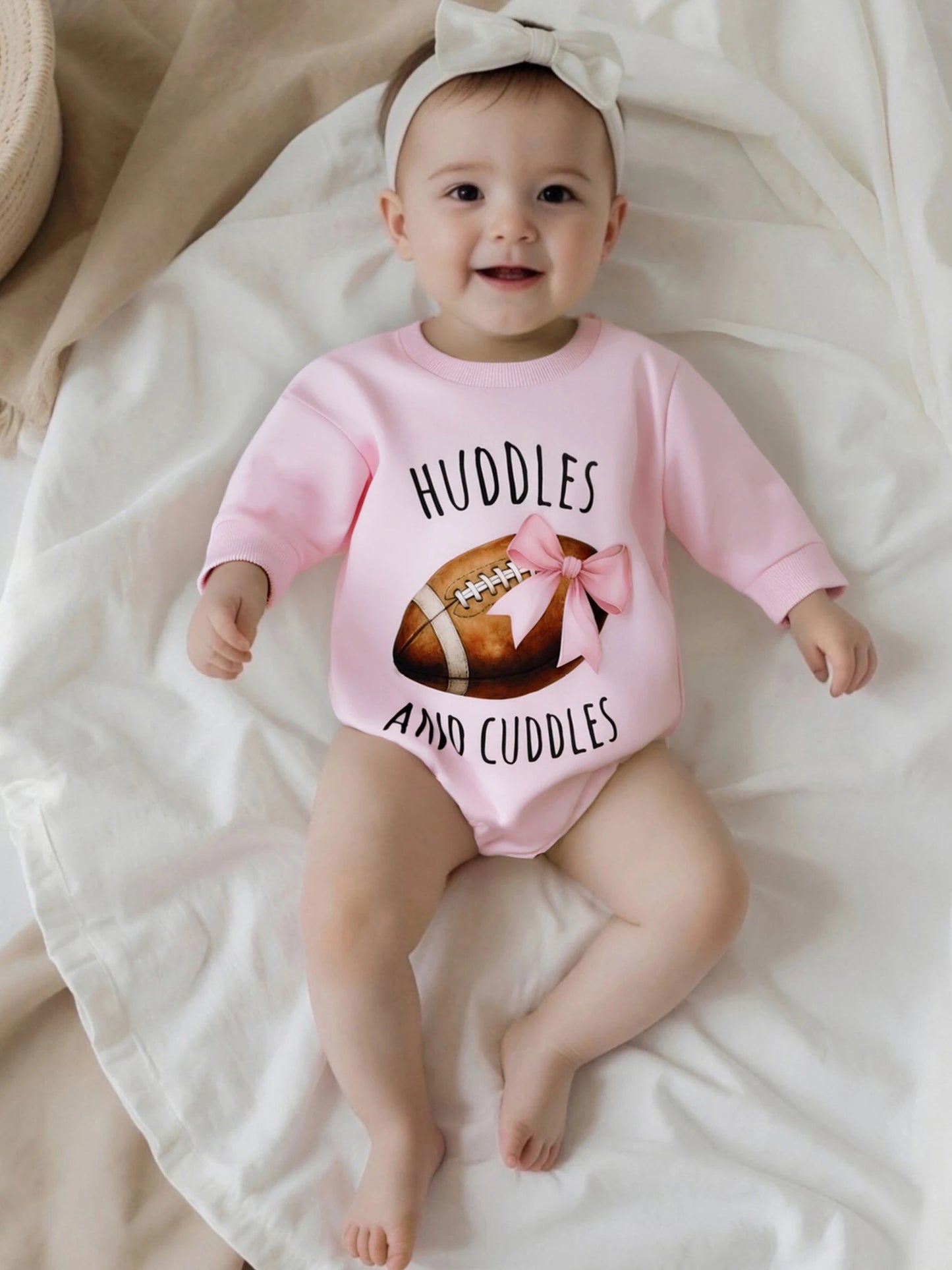 Baby Girl Huddles and Cuddles Bubble Romper Long Sleeve Crew Neck Bow Football Print Bodysuit Clothes
