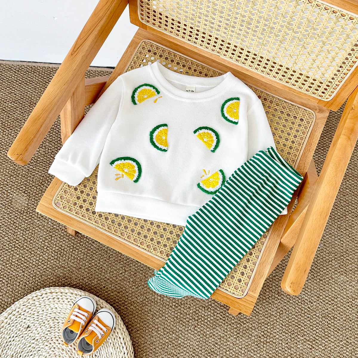 Baby Toddler Boys Girls 2Pcs Lemon Fruit Embroidery Crewneck Long Sleeve Top + Striped Pants Set Outfit