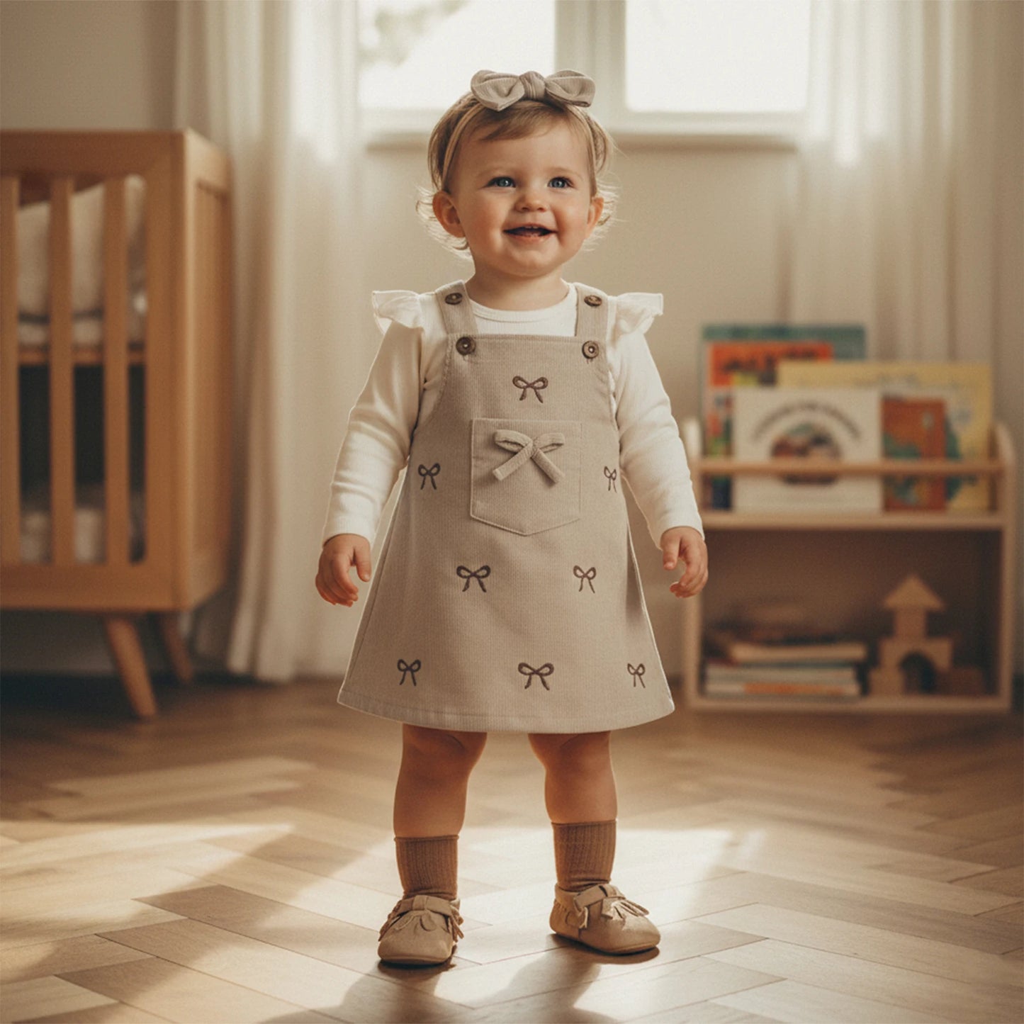 Baby Girls 3Pcs Outfit Ruffle Long Sleeve Crew Neck Romper Overall Bow Dress and Headband Set