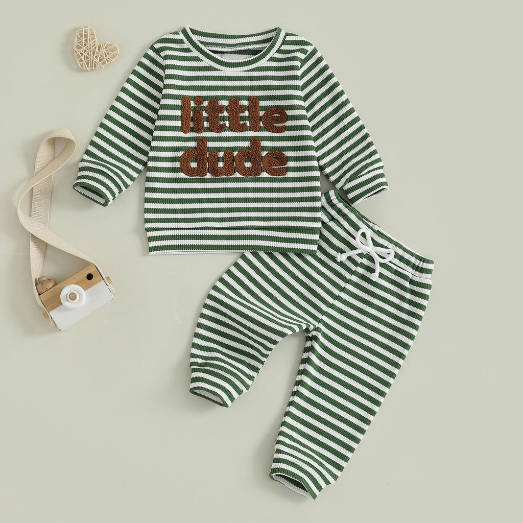 Baby Toddler Boys 2Pcs Mama's Boy / Little Dude Waffle Outfit Letter Embroidery Striped Long Sleeve Top and Elastic Pants Set